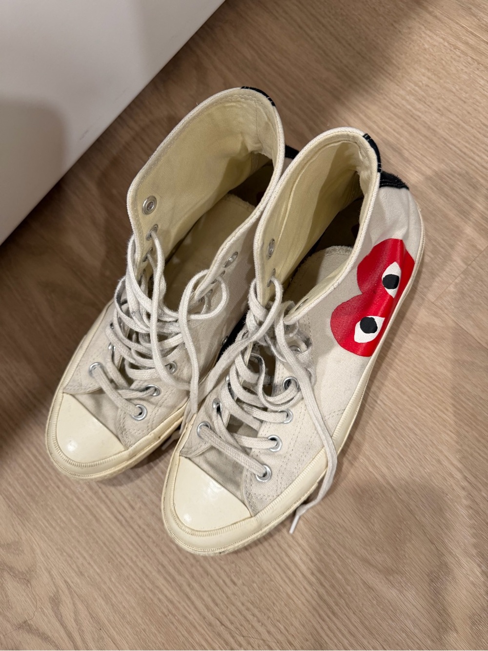 Commes de Garson Canvas High-Top Sneakers in Off-White with Red Heart Detail